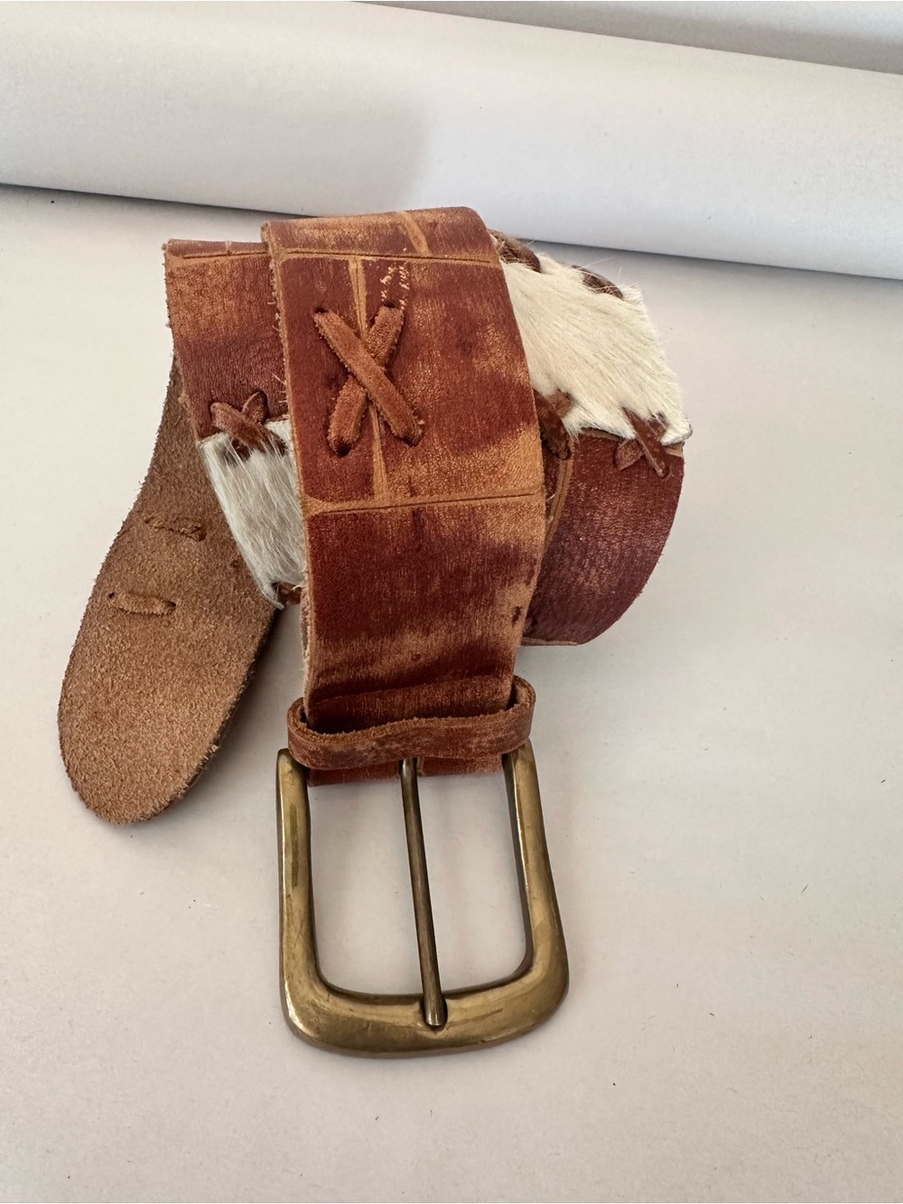 Brown Leather Belt with Cowhide Accent